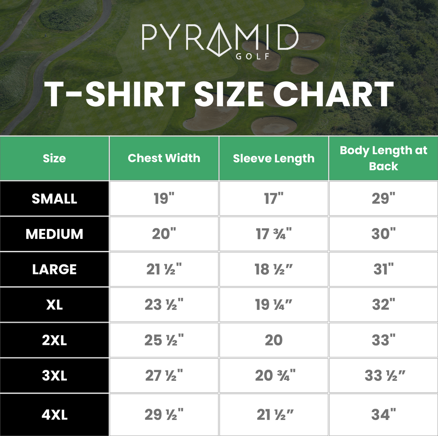 Pyramid Golf T-Shirt Size Chart